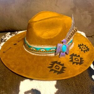 Aztec Hand Burned, faux suede wide brimmed Fedora